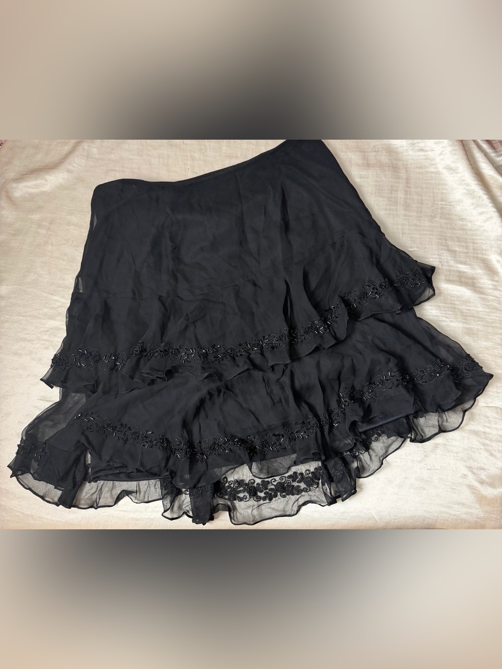 L 100% Silk Shell Beaded Ruffle Embroidered Tiered Mini Skirt Y2K Fairy Grunge